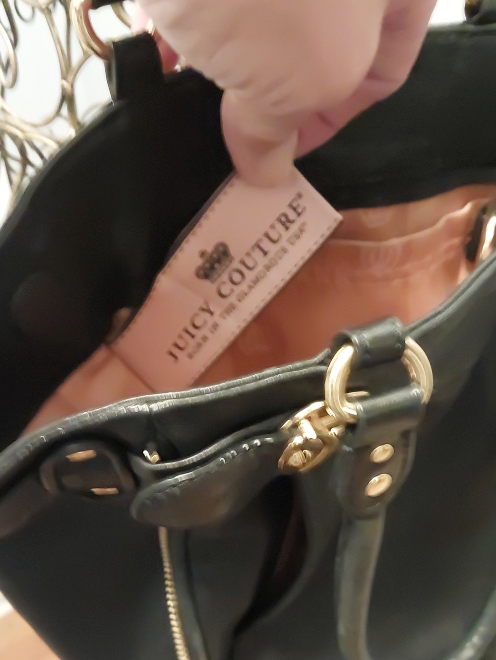Juicy Couture Black Tote with Gold Accents and Pink Lining